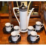 Portmeirion six person part coffee set having black Greek Key decoration against a white ground,