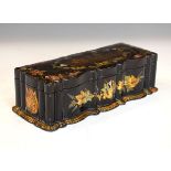 19th Century lacquered papier-mâché glove box, the hinged cover decorated with a castle amongst