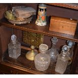 Quantity of decorative metal work, cut glass decanters, mahogany cased scent bottles etc (two