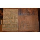 J.M. Tenz - Two hardwood carvings - Potter at his wheel and Grinding at the mill, with religious