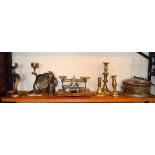 Quantity of Middle Eastern brass, a Victorian postage scale, candlesticks and a Lucas acetylene
