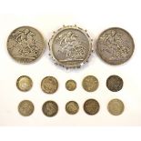 Coins - Three Victorian crowns, 1889 and 1893 x 2, together with a small quantity of other silver