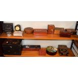 Collection of Oriental boxes, mantel clock etc (two shelves) Condition: