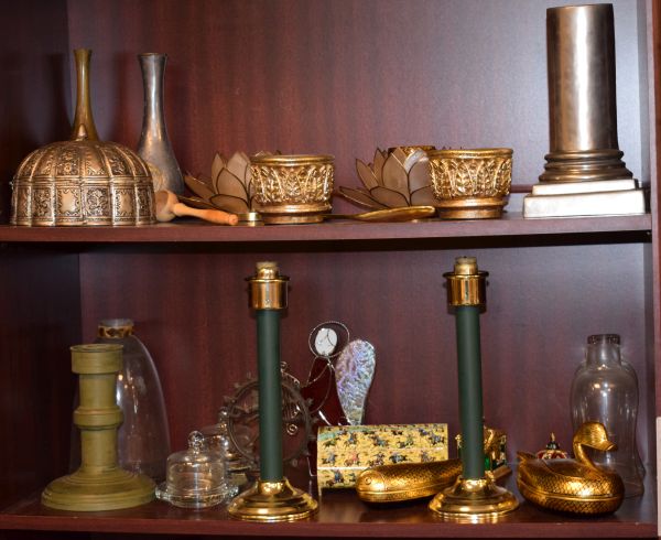 Quantity of decorative ornaments, candlesticks etc (two shelves) Condition: