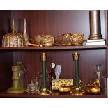 Quantity of decorative ornaments, candlesticks etc (two shelves) Condition: