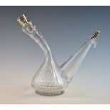 Cut and engraved glass Spanish style Porron decanter, the stopper and spout with white metal