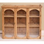 Late 19th/early 20th Century stripped pine bookcase fitted two shelves enclosed by triple glazed