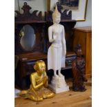 Carved giltwood seated deity, carved wood Oriental figure of a deity and one other alabaster
