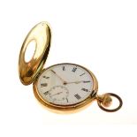 Gentleman's half hunter side winding pocket watch, the case stamped 18k, the white enamel dial