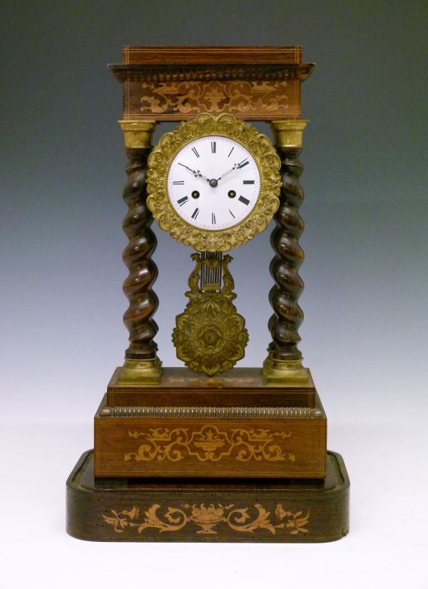 19th Century French marquetry inlaid rosewood portico clock having a stepped pediment, simulated