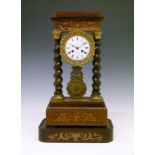 19th Century French marquetry inlaid rosewood portico clock having a stepped pediment, simulated