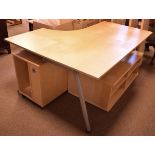 Modern light beech finish desk, together with a similar coffee table, open three tier shelf unit and