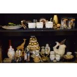 Quantity of decorative ceramics, metalware, ornaments etc (two shelves) Condition: