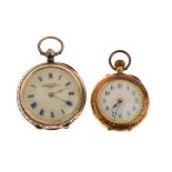 Lady's fob watch, the engraved case stamped 14k, having white enamel dial with Arabic numerals,
