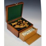 Vintage boxwood and ebonised Staunton type chess set in a mahogany case, together with a set of