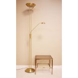 Contemporary brushed gold finish floor standing uplighter/reading lamp, together with a square top