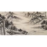 Shisong Zhou - Chinese monochrome scroll painting - Mountainous riverside landscape, signed