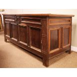 Antique oak coffer having fielded panel front and hinged cover Condition: