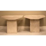 Pair of late 20th Century cream marble square top lamp tables on square marble plinths, together