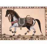 Pair of Asian Art paintings on silk depicting highly decorated elephant and horse, both framed and