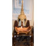 Siamese gilt decorated headdress together with a carved wooden bowl and pair of dried cone husk