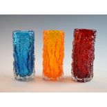 Three Whitefriars glass Bark vases in Ruby, Kingfisher Blue and Tangerine Condition: