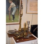 Two sets of brass beam scales, each on a mahogany plinth, together with a set of iron beam scales