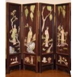 20th Century Oriental mother-of-pearl mounted four fold table screen having figural decoration