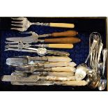 Quantity of silver teaspoons, two pairs of silver sugar tongs and a quantity of silver plated