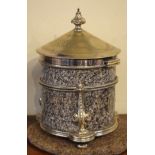 Late 19th Century grey marble and silver plated biscuit barrel, the hinged cover with engraved