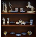 Quantity of decorative ceramics including; Wedgwood blue jasper pin dishes etc, Aynsley floral