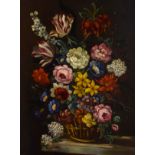 Oil on board - 18th Century style still-life with flowers in a basket, framed Condition: