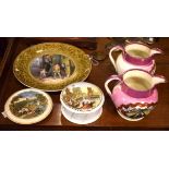 Pratt ware plate together with a pot lid decorated with a view of Windsor Castle and a Strasburg