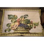 Continental style tapestry depicting a bowl of fruit, suspended on a walnut finish pole with brass