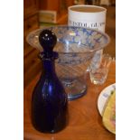 Thomas Webb mallet shaped blue glass decanter and a 19th Century blue glass bowl having engraved