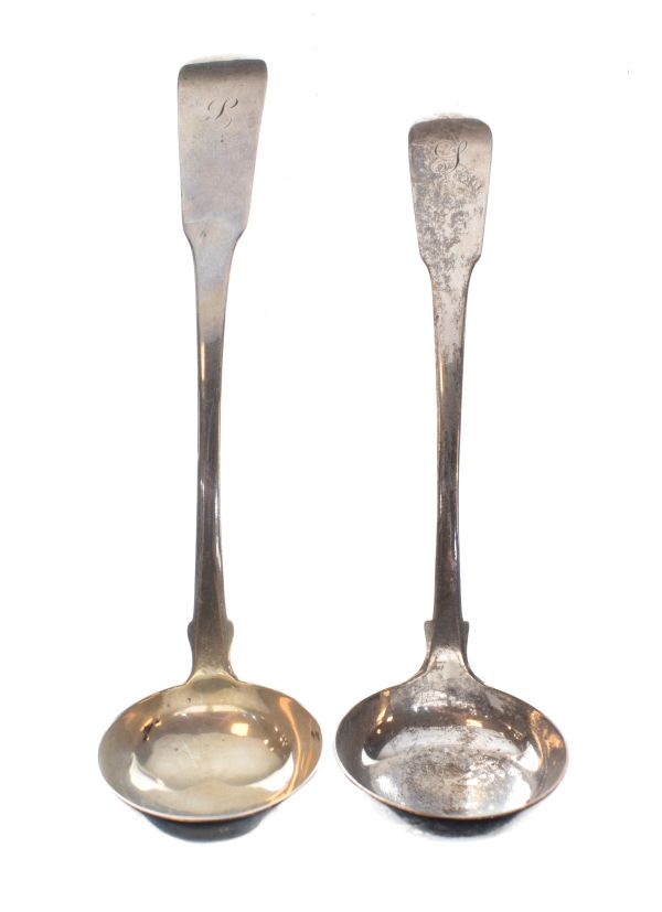 George IV silver sauce ladle, Glasgow 1820 and one other similar, Edinburgh 1820, both with engraved