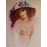 Indistinctly signed oil on canvas - Half length portrait of a lady in hat, a dried floral display