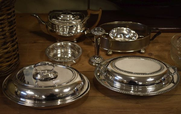Quantity of silver plated tureens and covers, teapot etc Condition:
