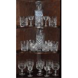 Quantity of good quality cut table glass, decanters etc (three shelves) Condition: