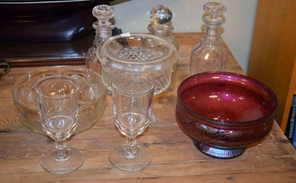 Small quantity of cut and moulded table glass, together with an iridescent ruby glass bowl etc