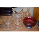 Small quantity of cut and moulded table glass, together with an iridescent ruby glass bowl etc