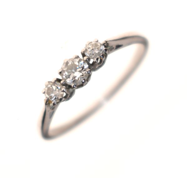 White metal three stone diamond dress ring, size S Condition: