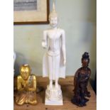 Oriental carved hardwood figure, a carved gilt wood praying figure and a cast alabaster effect