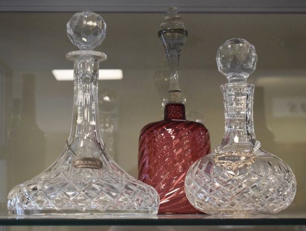 Two glass decanters, one having a silver Brandy label, the other with a silver plated Port label,