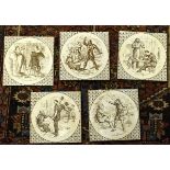 Five Wedgwood square printed tiles featuring Friar Tuck and religious subjects Condition: