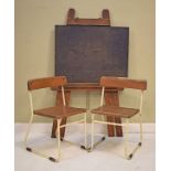 Pair of childs' school chairs having tubular metal frames with beech seats and a folding