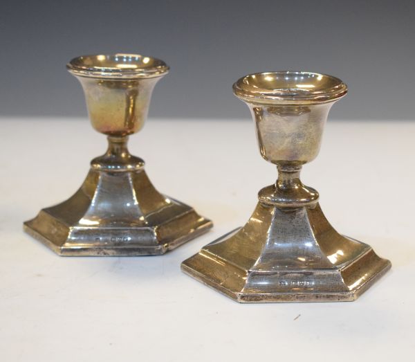 Pair of George V silver dressing table candlesticks having hexagonal bases, Chester 1916 Condition: