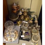 Quantity of decorative metalware, Continental pottery steins etc (one shelf) Condition: