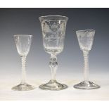 Two cotton twist cordial glasses and an engraved goblet having Flemish script and fold-over foot