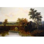 C. Morris - 19th Century oil on canvas - Landscape with watermill and figure on a bridge, signed,